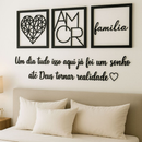 Kit 3 Quadros Cabeceira Família Coração Geométrico Amor + Frase de Parede Variados