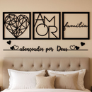 Kit 3 Quadros Cabeceira Família Coração Geométrico Amor + Frase de Parede Variados