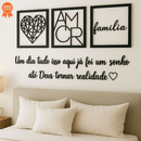 Kit 3 Quadros Cabeceira Família Coração Geométrico Amor + Frase de Parede Variados