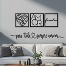 Kit 3 Quadros Cabeceira Família Coração Geométrico Amor + Frase de Parede Variados