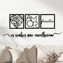 Kit 3 Quadros Cabeceira Família Coração Geométrico Amor + Frase de Parede Variados